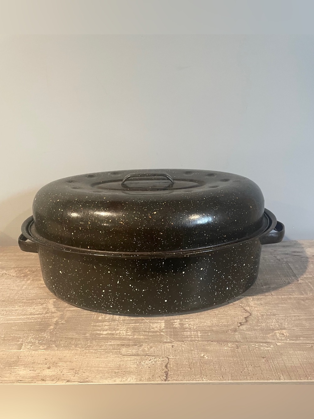 Vintage Black Speckled Enamel Graniteware Oval Roaster Pan Large Turkey w/ Lid